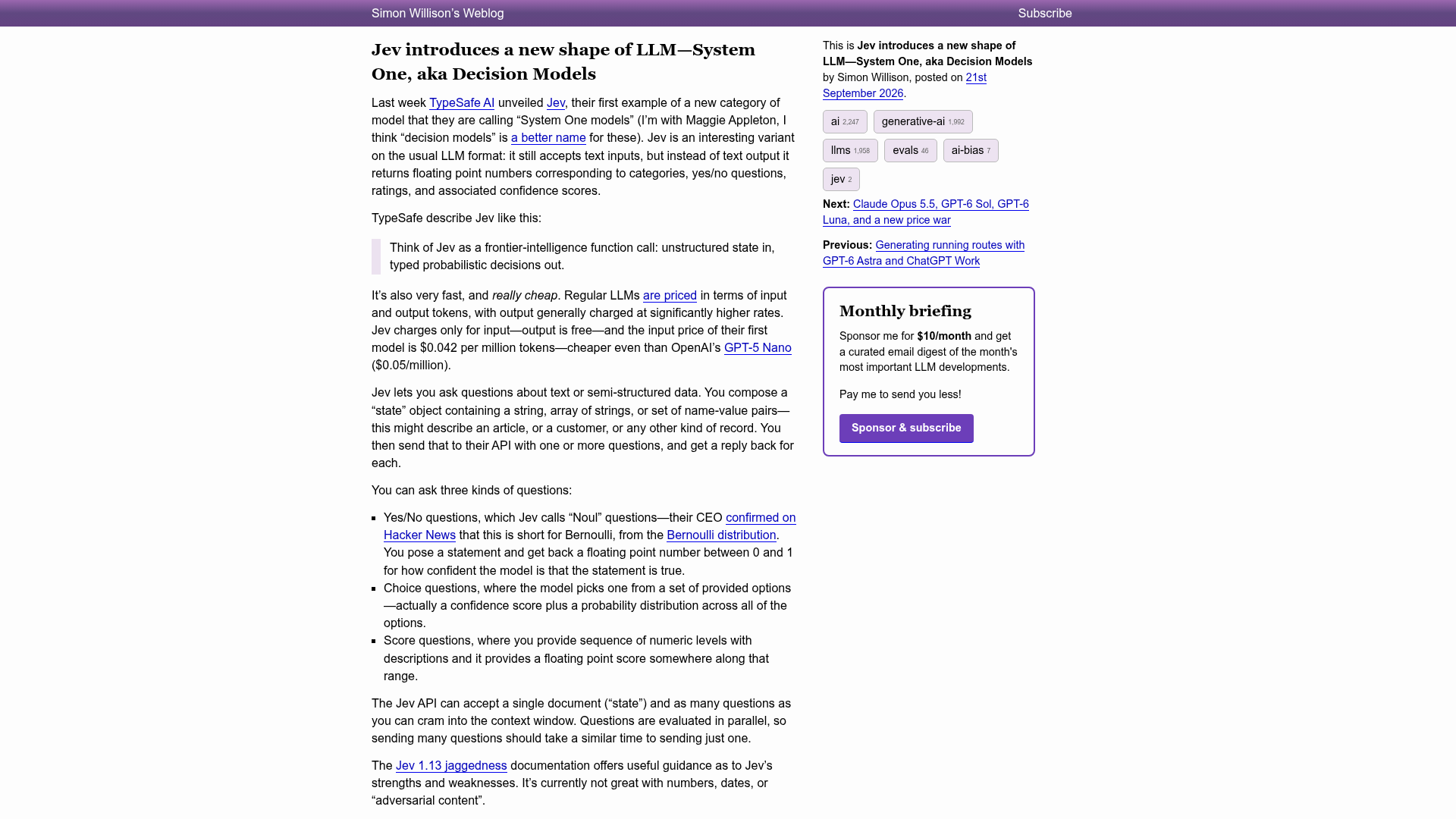 Screenshot of Simon Willison's analysis of Jev decision models